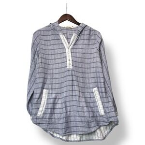 Soft Surroundings Striped Hooded Pullover Shirt Size M Blue White Cotton Coastal